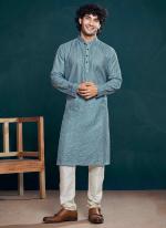 Viscose Blue Eid Wear Embroidery Work Readymade Kurta Pajama